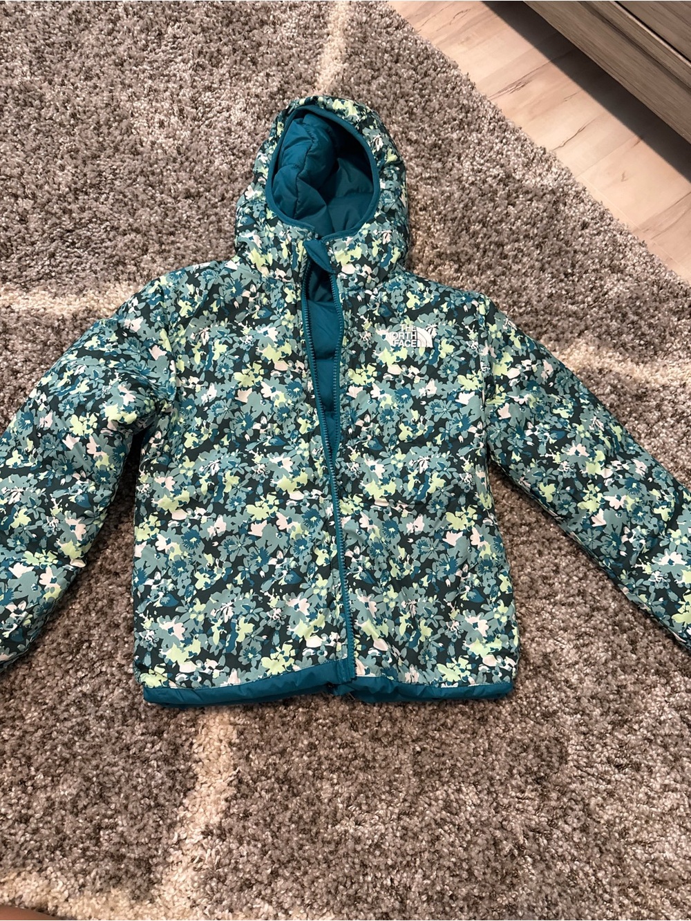 The North Face Teal Hooded Girls Kids Puffer Jacket - Picture 3 of 5